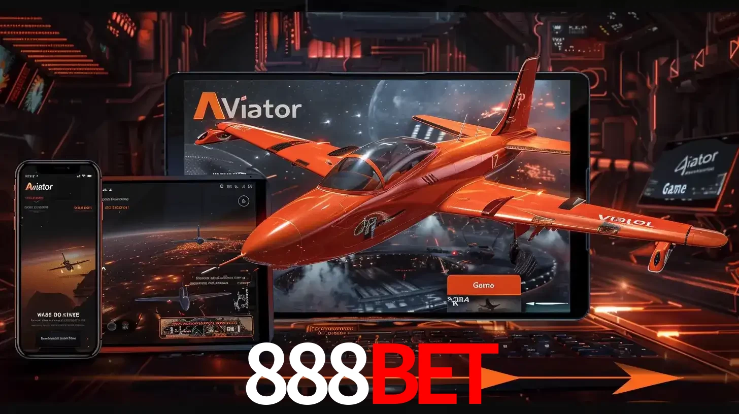 Apresentação tecnológica do jogo Aviator com um avião saindo da tela de um tablet, demonstrando a experiência imersiva em múltiplos dispositivos no 888BET.