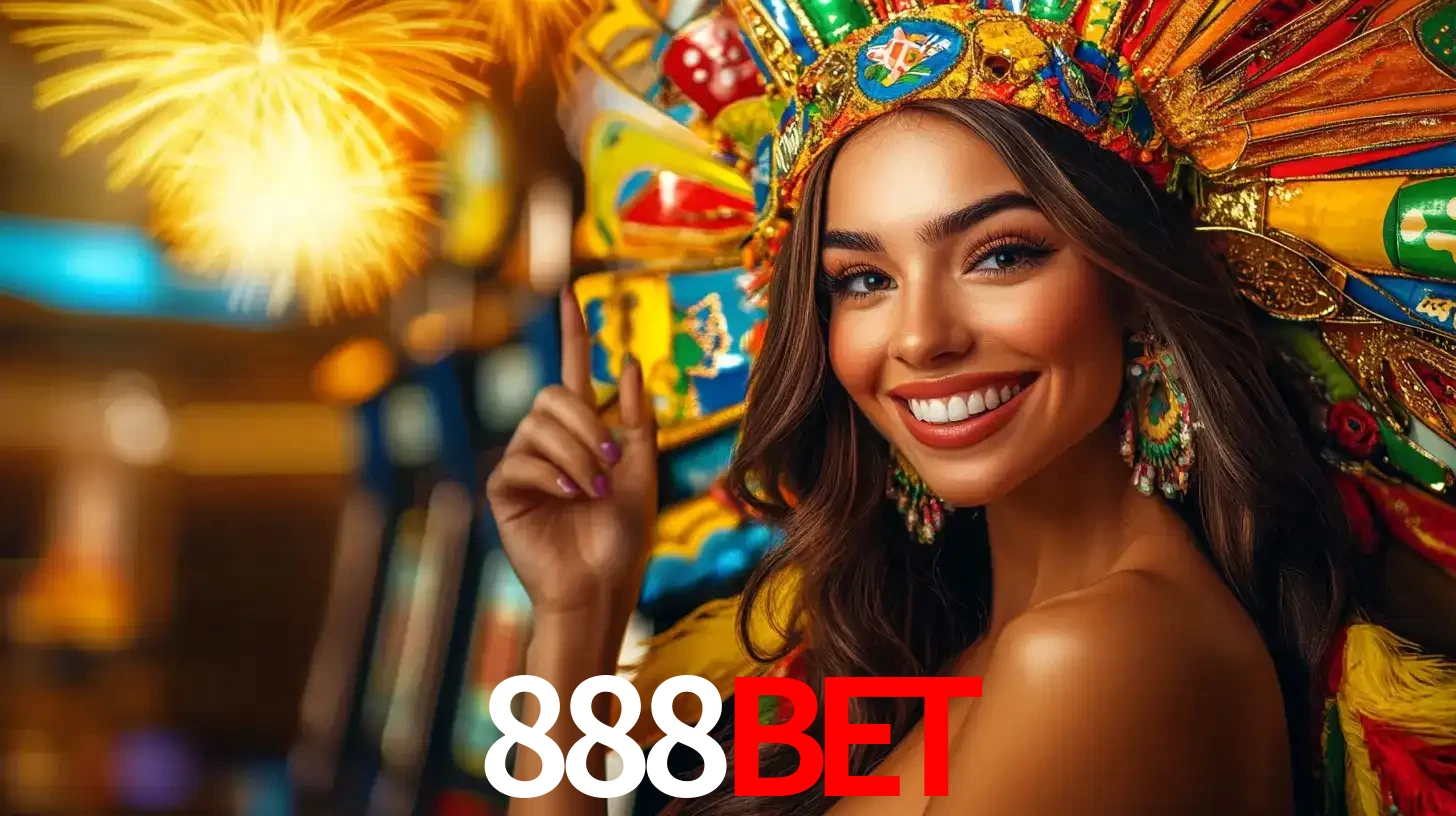 Mulher sorridente com um cocar de carnaval vibrante e colorido, celebrando uma grande vitória nos jogos do cassino 888BET com fogos de artifício ao fundo.