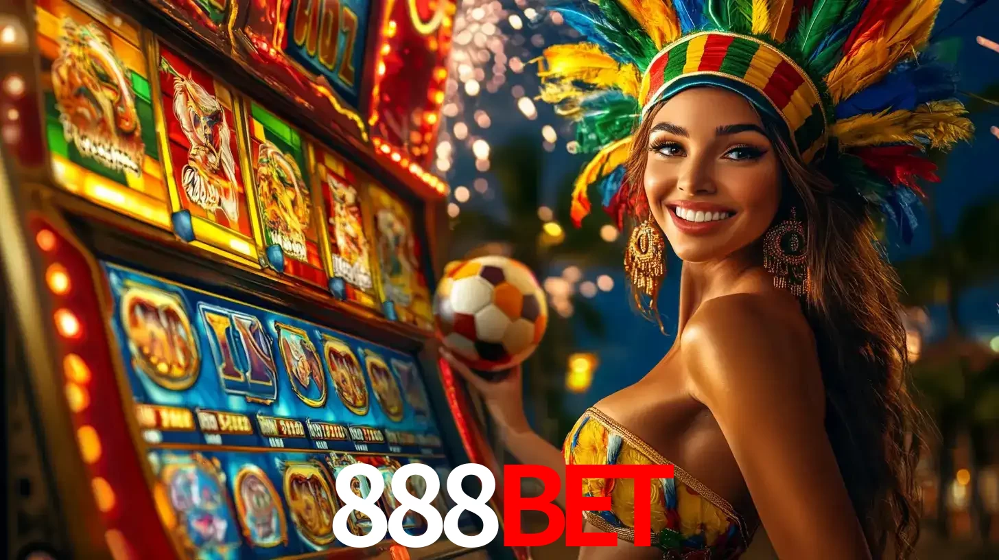 Mulher com um cocar de carnaval ao lado de uma máquina de caça-níqueis enquanto segura uma bola de futebol, mostrando a união da diversão de cassino e esportes no 888BET.
