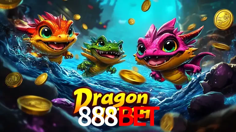 Arte promocional do jogo Dragon Hatch com três adoráveis dragões bebês nadando entre moedas de ouro, um dos slots mais divertidos para jogar no cassino 888BET.