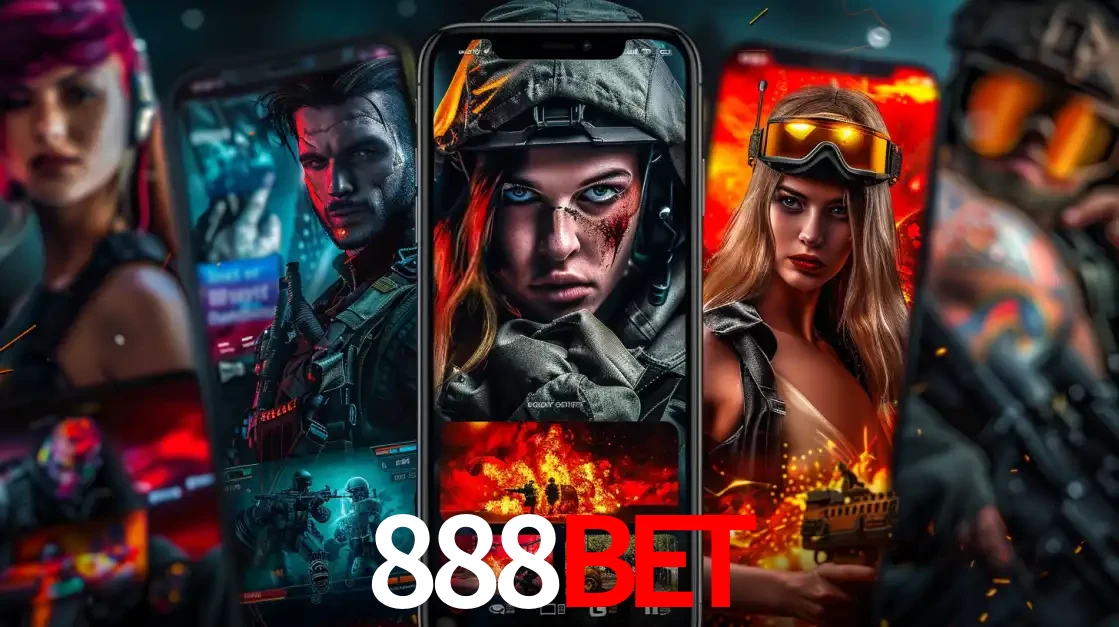 Montagem de telas de celular mostrando diversos personagens, masculinos e femininos, de um jogo de tiro, ilustrando a diversidade de equipes de e-sports para apostar no 888BET.