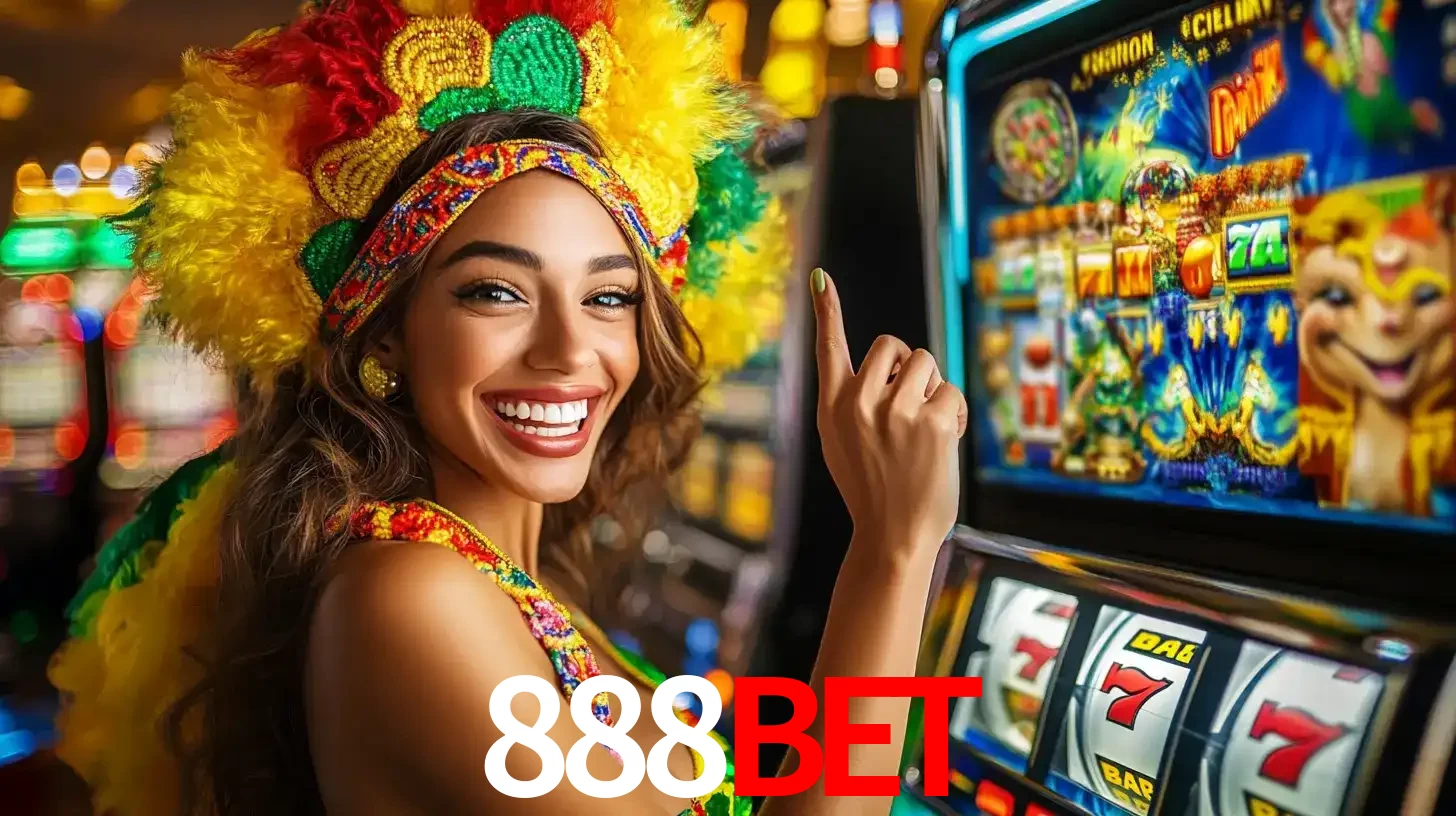 Mulher animada com um cocar de carnaval apontando para uma máquina de caça-níqueis, mostrando a emoção de ganhar um grande prêmio nos jogos do 888BET.