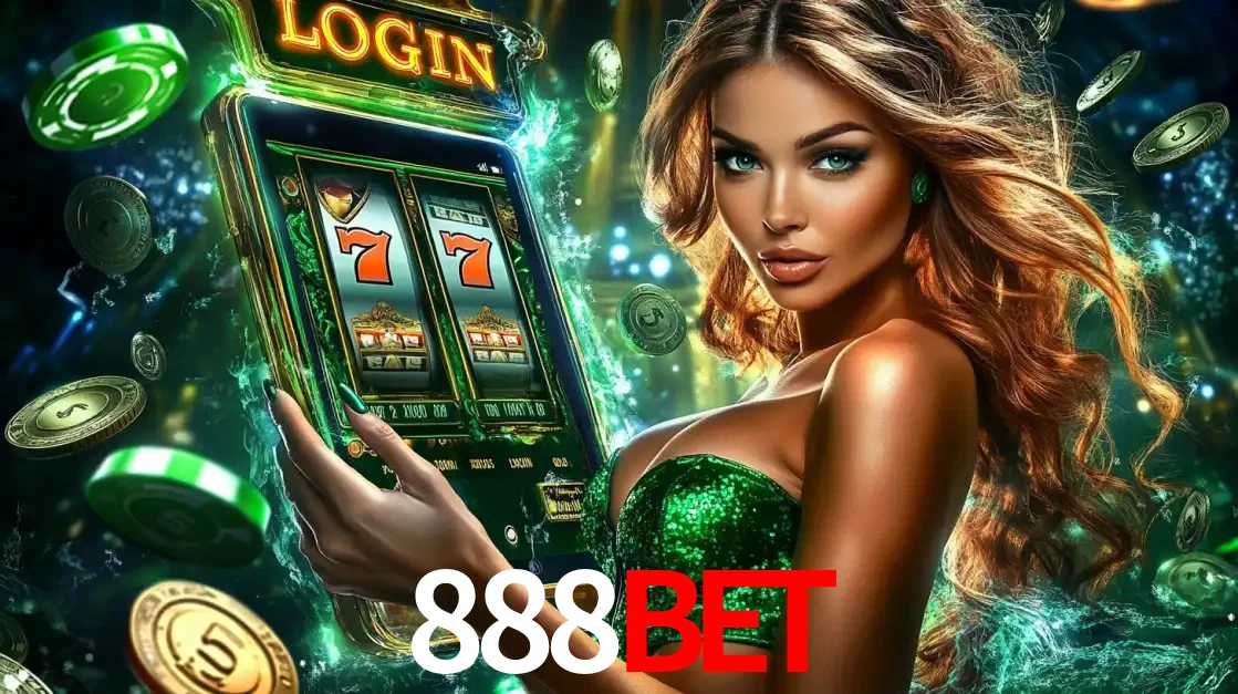 Mulher com tema verde apresentando o aplicativo do cassino 888BET com um jogo de slot de 777, cercada por fichas de cassino e uma aura de sorte.