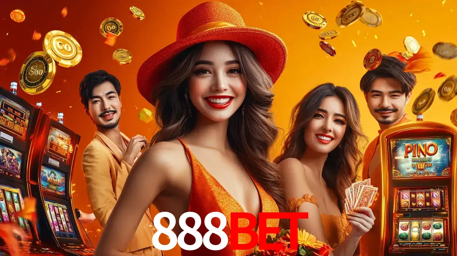 Grupo de amigos asiáticos sorrindo e se divertindo com máquinas de caça-níqueis em um ambiente festivo, celebrando suas vitórias nos jogos de cassino do 888BET.