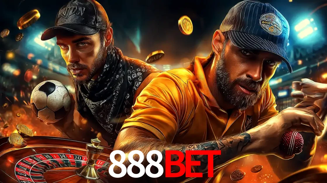 Montagem de apostas esportivas e cassino no 888BET, com um homem segurando uma bola de futebol e outro uma de beisebol sobre uma roleta e moedas voadoras.