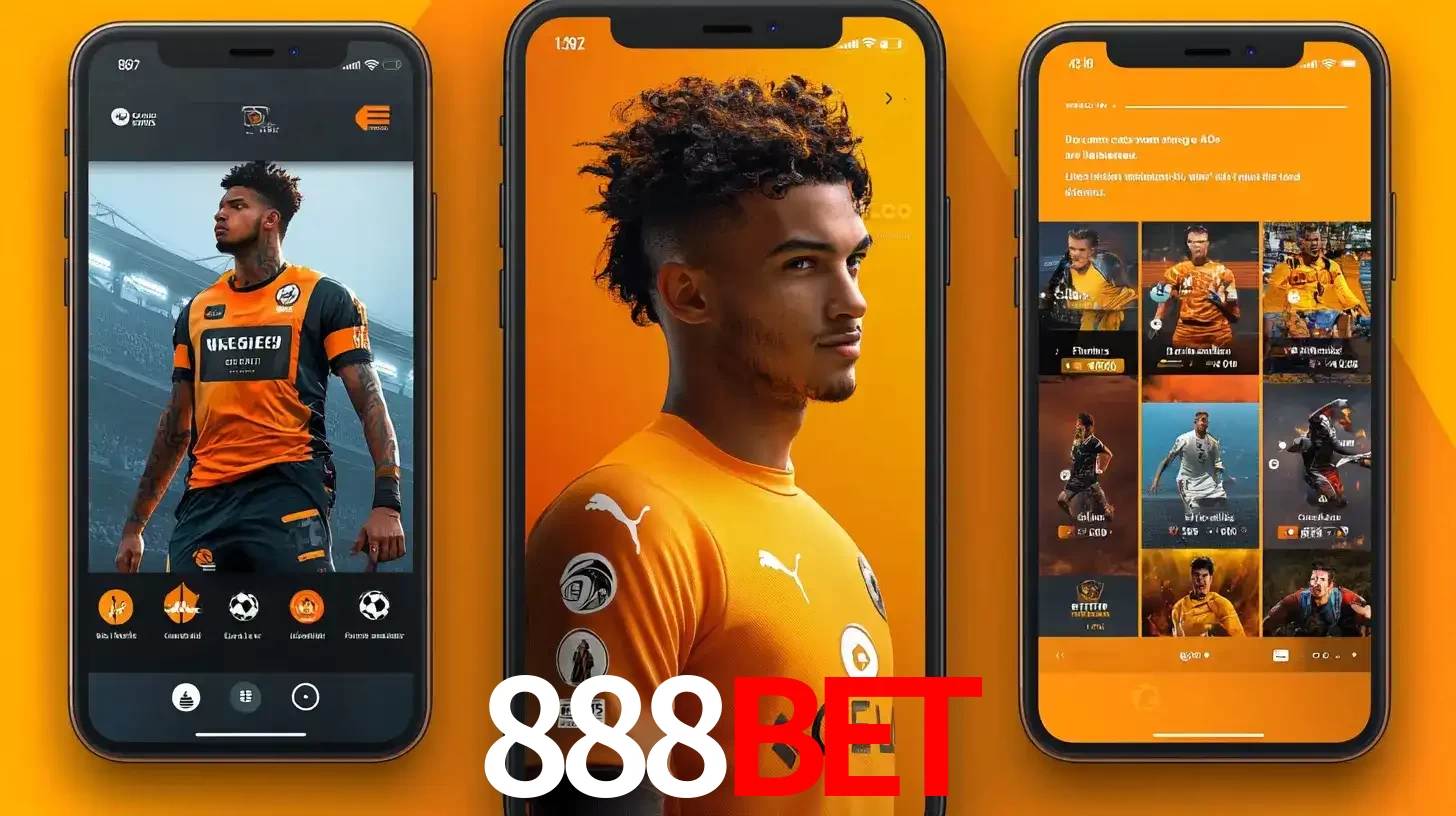 Interface do aplicativo de apostas esportivas 888BET em três telas de celular, mostrando o perfil de um jogador de futebol e a lista de jogos disponíveis para apostar.