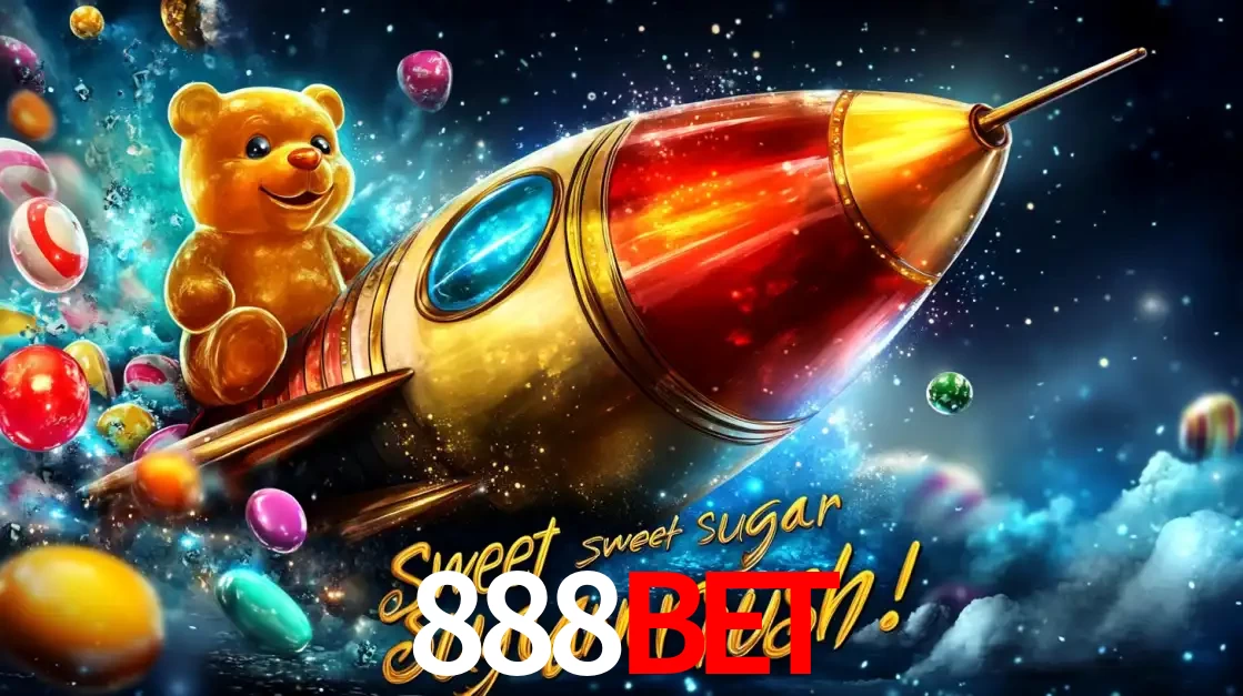 Arte promocional do jogo de slot Sugar Rush, com um urso de pelúcia em um foguete viajando pelo espaço de doces, um dos jogos divertidos disponíveis no cassino 888BET.