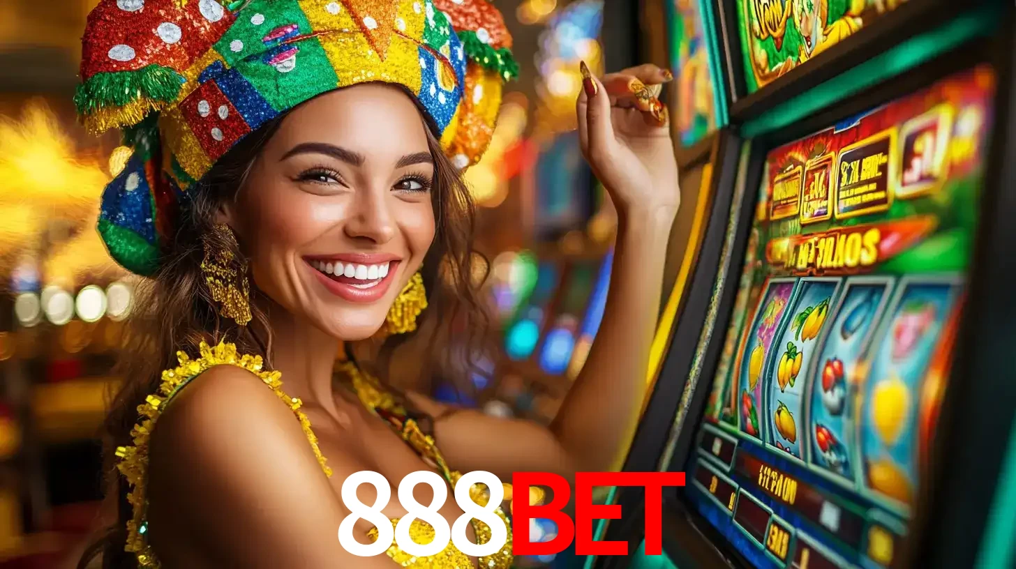 Mulher feliz com traje de carnaval amarelo e colorido ao lado de uma máquina de caça-níqueis, aproveitando a diversão e os jogos temáticos do cassino 888BET.