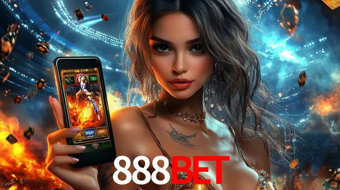Mulher segurando um celular com um jogo de slot em destaque, tendo como fundo um estádio vibrante, simbolizando a emoção de jogar no cassino móvel 888BET.