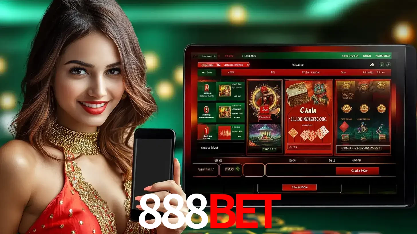 Mulher sorridente segurando um smartphone, ao lado de uma tela exibindo o lobby de jogos do cassino online 888BET, com várias opções de jogos de cartas e slots.